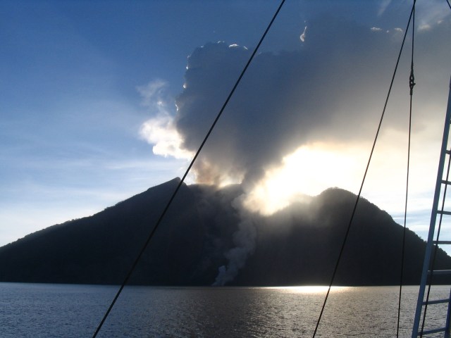 A volcano erupting in the Flores Sea